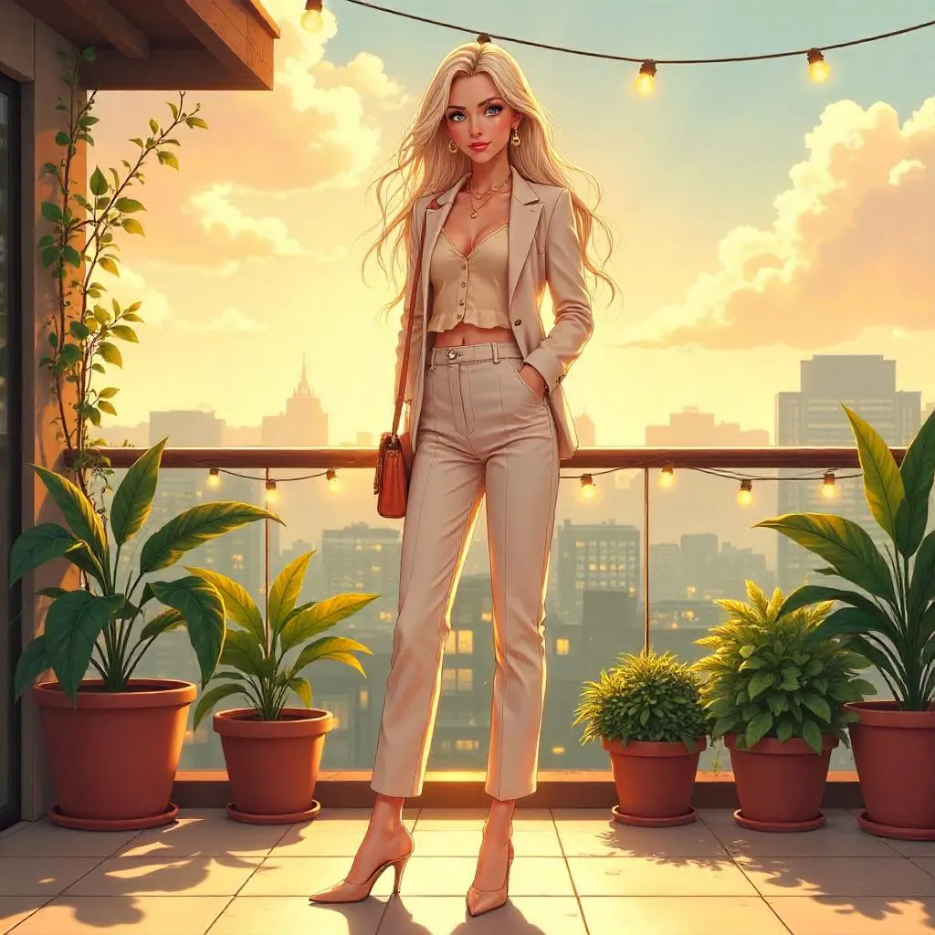 Terrace Chic: Anime-Style Girl at Golden Hour