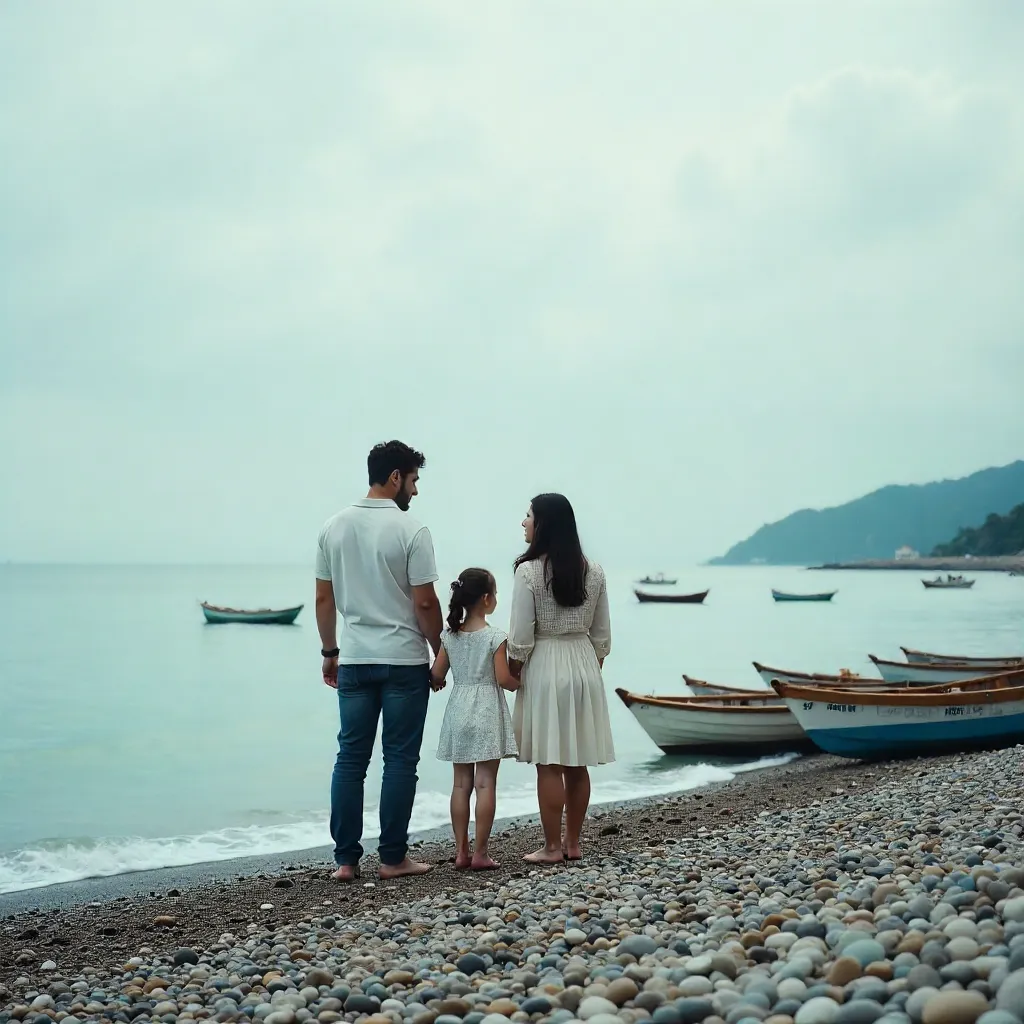 Family on a pebbled beach with boats and cloudy sky