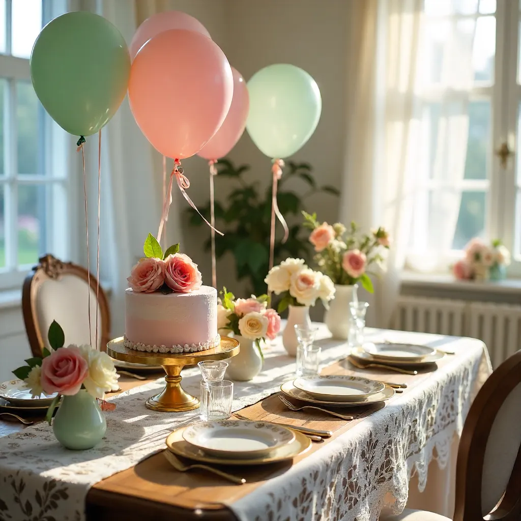 Pastel Vintage Party Setup with Cake and Balloons