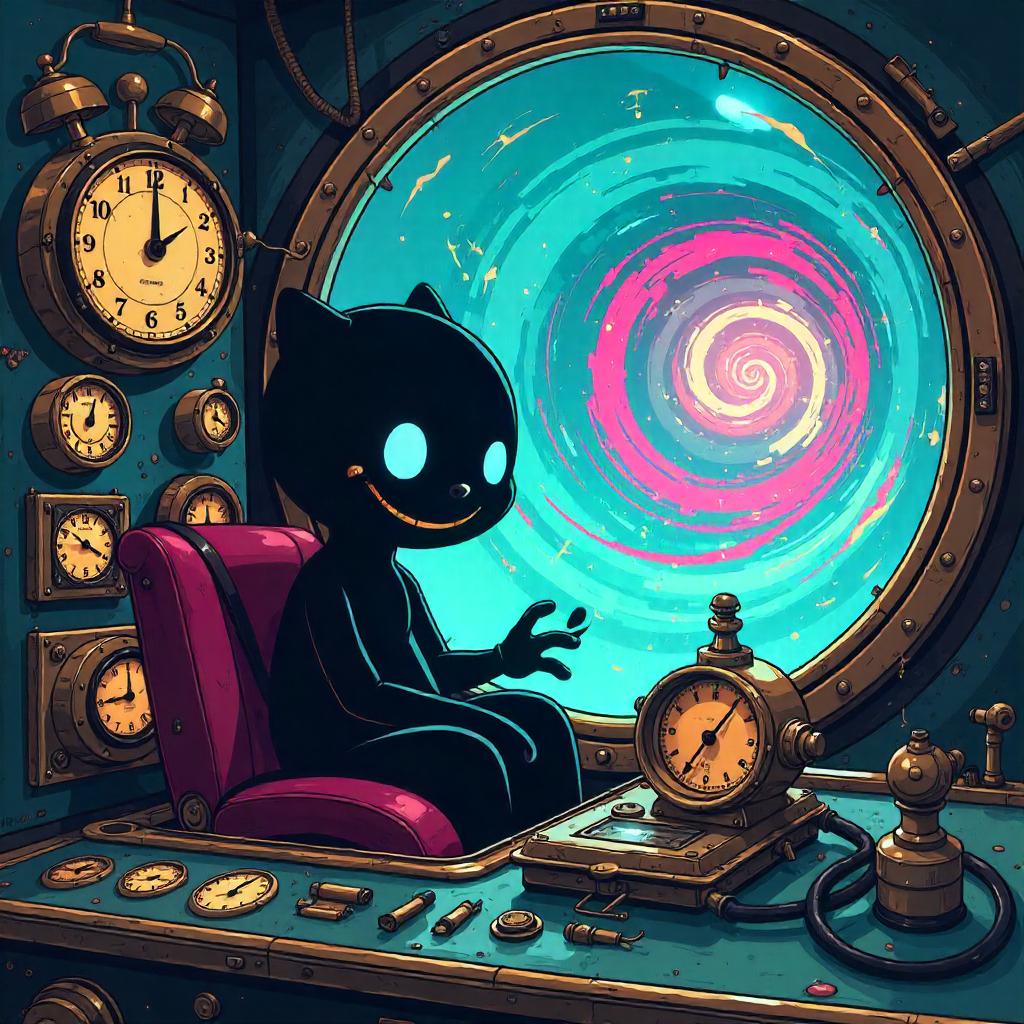 Shadow Creature Stepping Through a Cartoon Time Machine