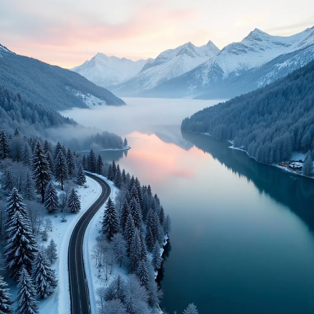Aerial Bavarian Mist: Snowy Peaks and the Lake Road