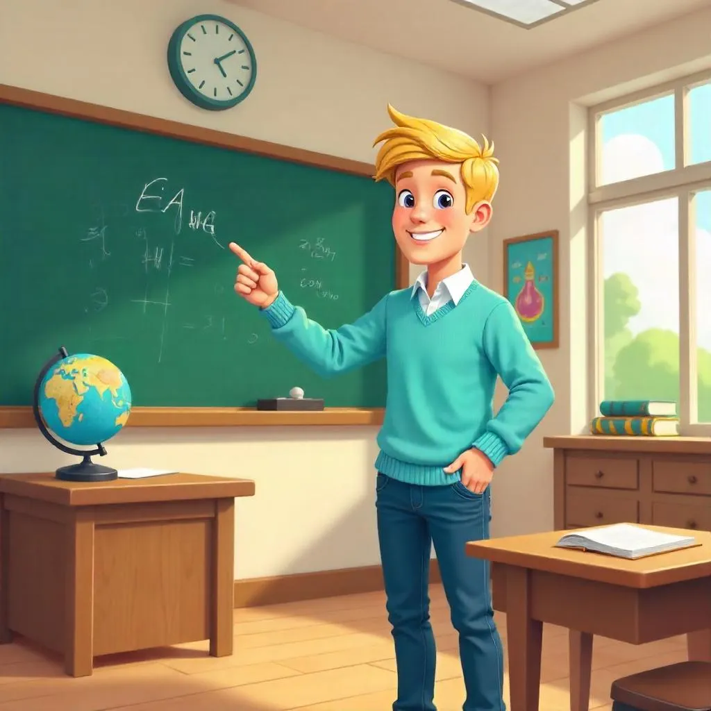 Cartoon Classroom Scene: A Young White Man at Desk