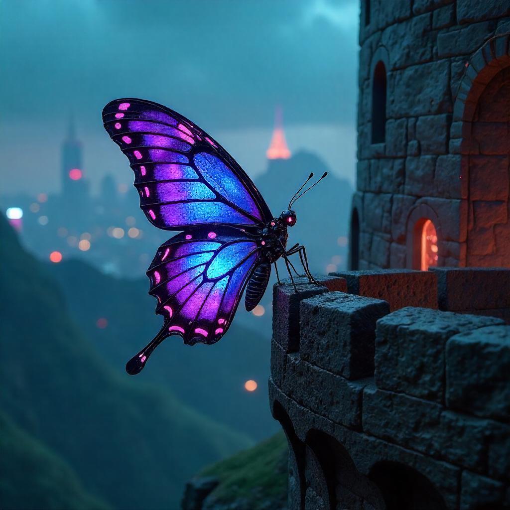Neon Butterfly Over a Cyberpunk Fortress