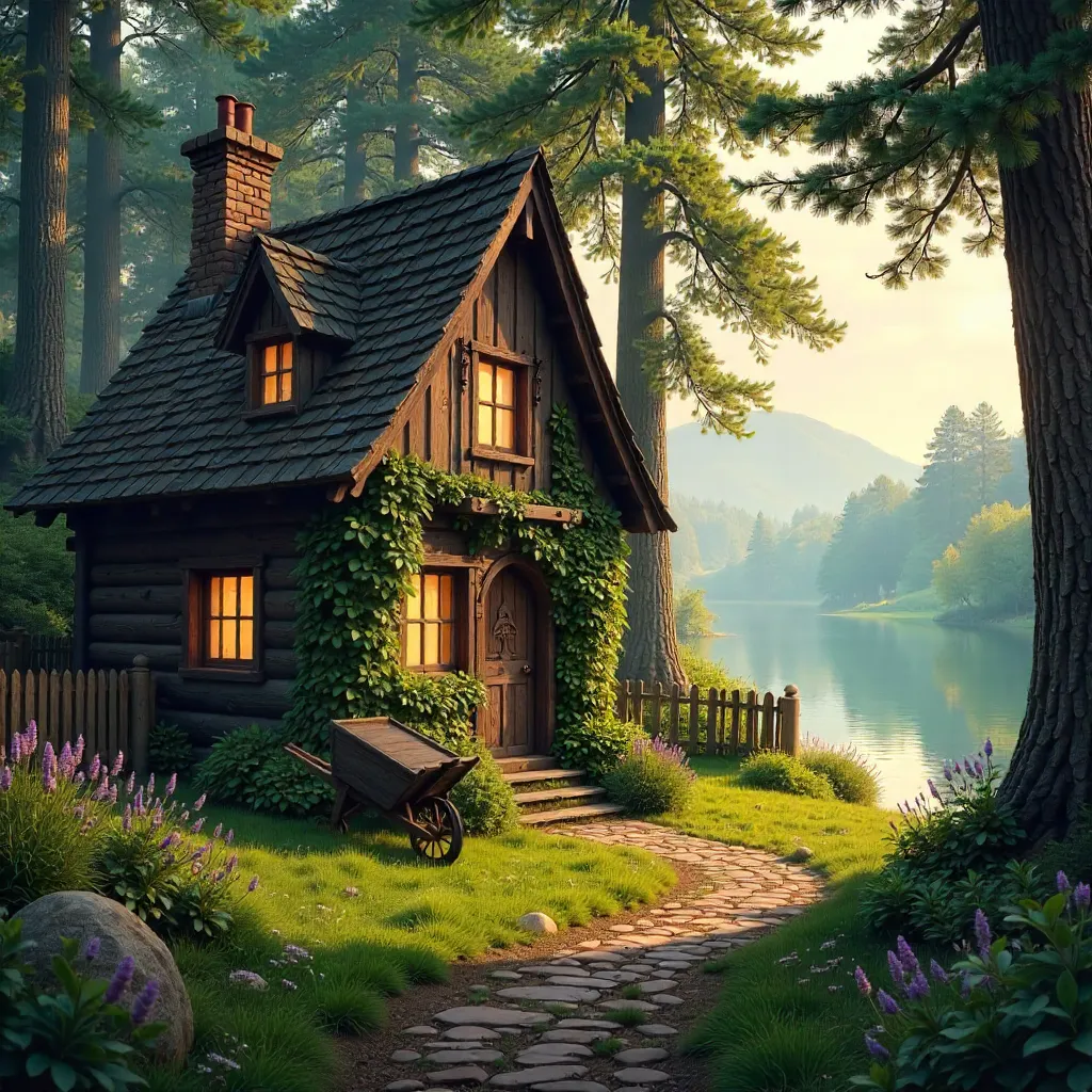 Rustic Forest Cottage at Golden Hour