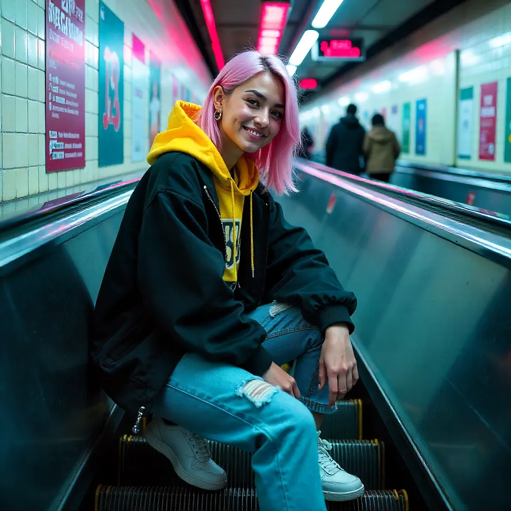 Smiling Woman on Subway Escalator: Urban Youth Vibe