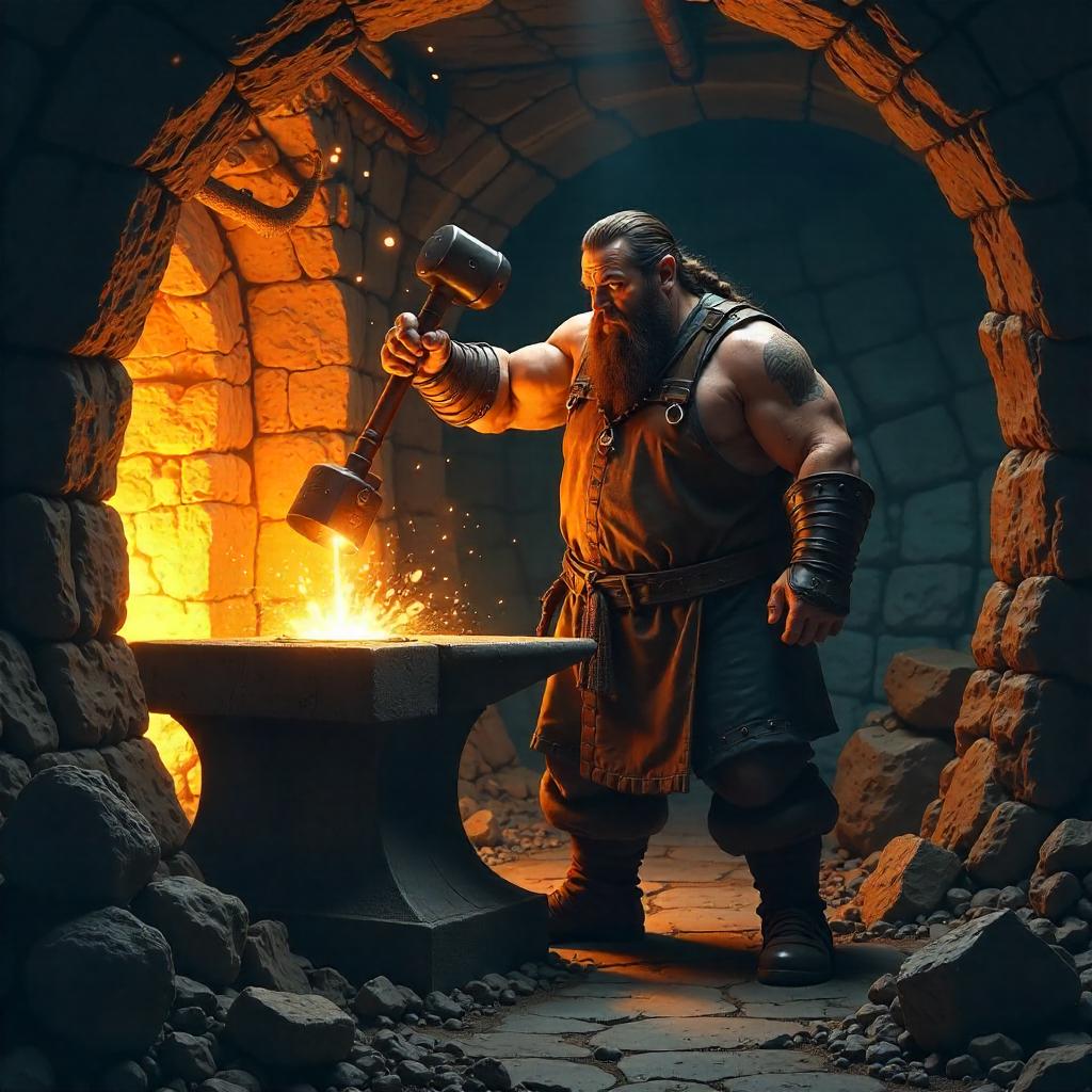 Dwarf Blacksmith Forging in a Dwarven Mine