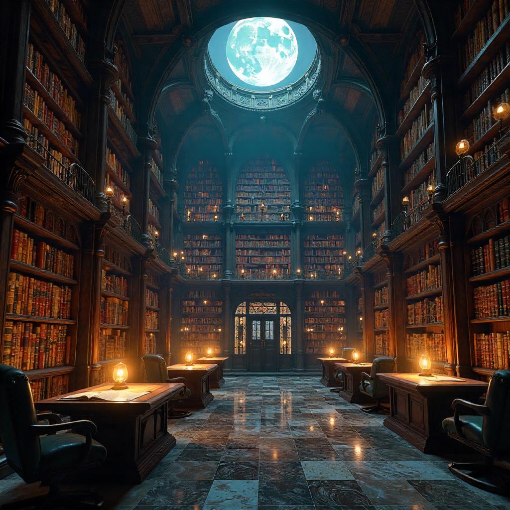 Moonlit Library: A Photoreal Moon Among Books
