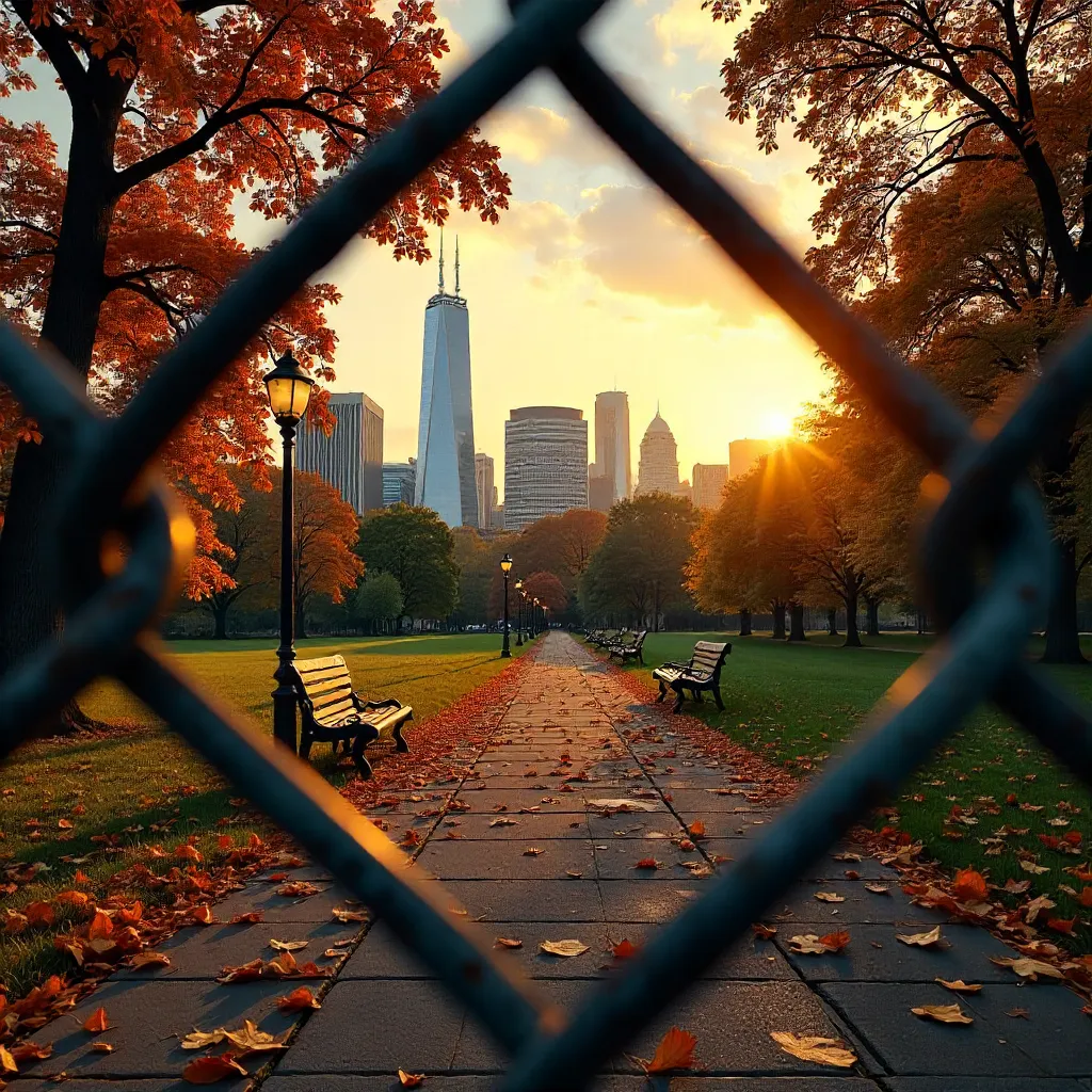 Autumn Skyline Framed by Chain-Link Fence