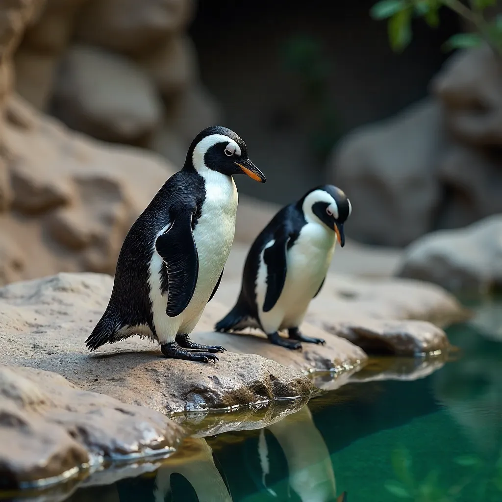 Two Humboldt Penguins by a Rocky Pool at Callao Zoo