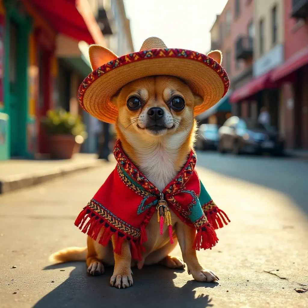 Chihuahua in Colorful Mexican Attire on Urban Street