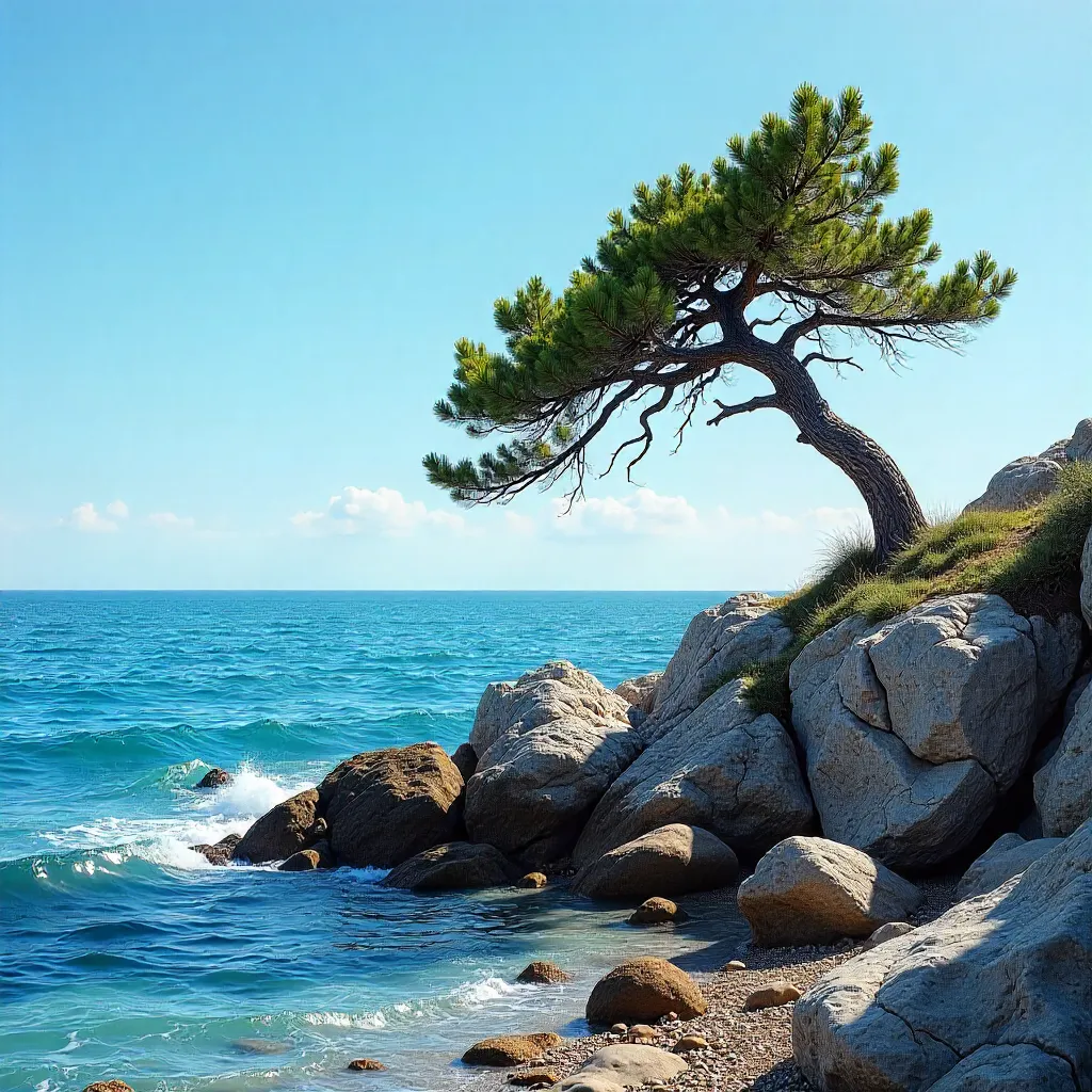 Lone Pine on a Rocky Seashore Under Clear Blue Sky