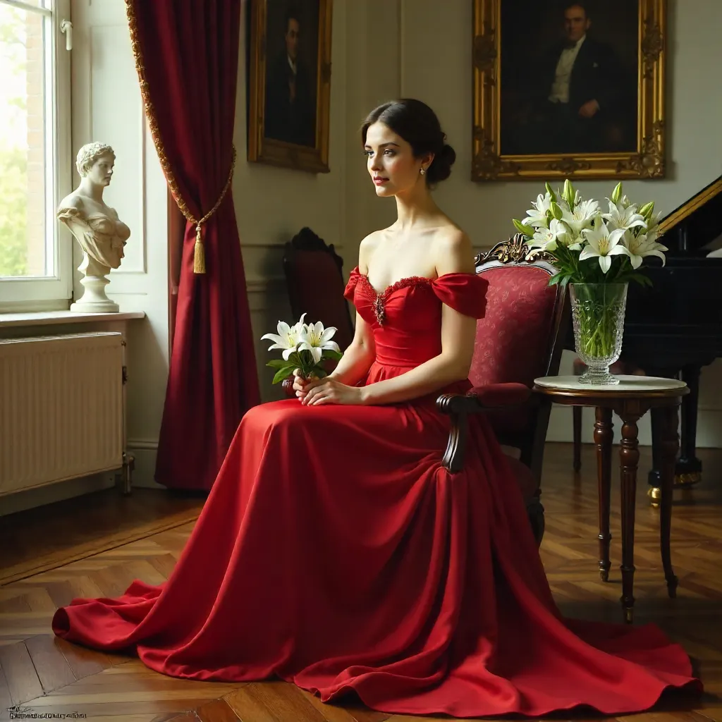 Elegant Woman in Red with Lilies on a Classical Set