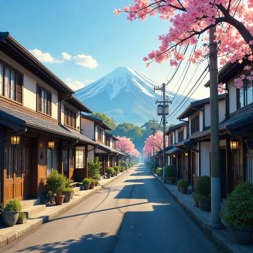 Peaceful Fujinomiya Street with Mount Fuji in Background