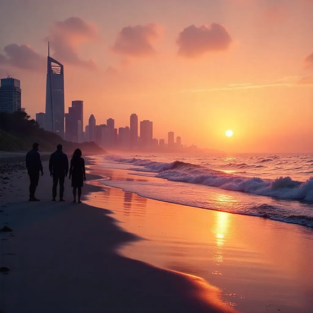 Sunset Silhouettes on Beach with City Skyline