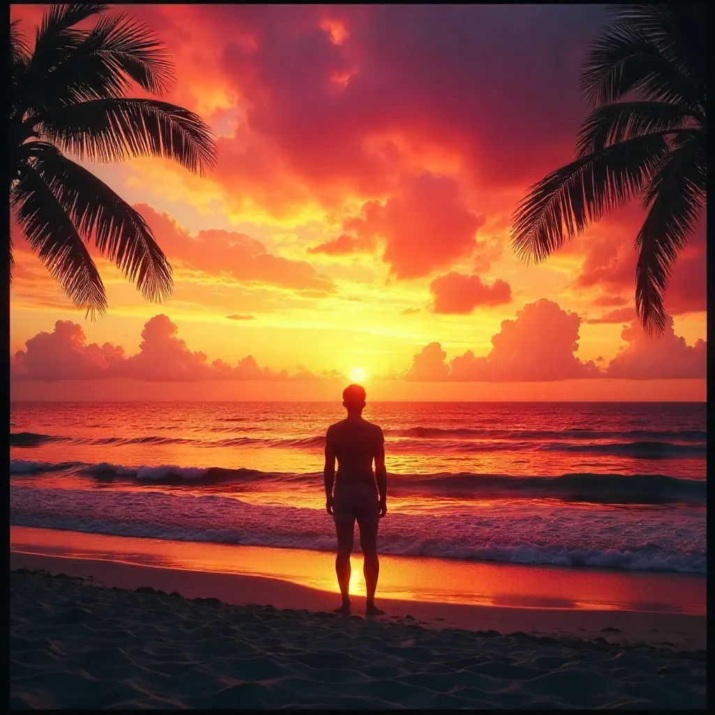 Vintage Sunset Silhouette on the Beach