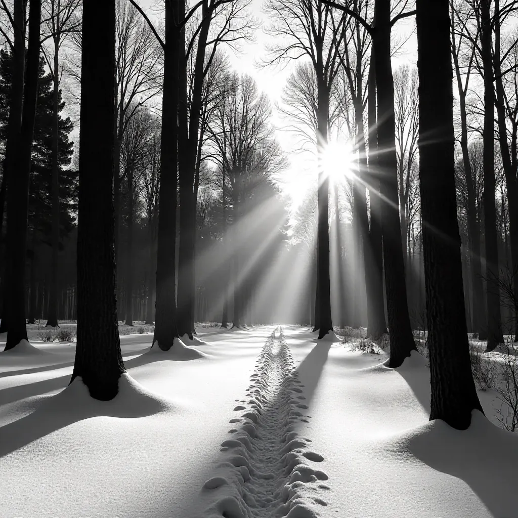 Sunlit Shadows: Winter Forest in Monochrome
