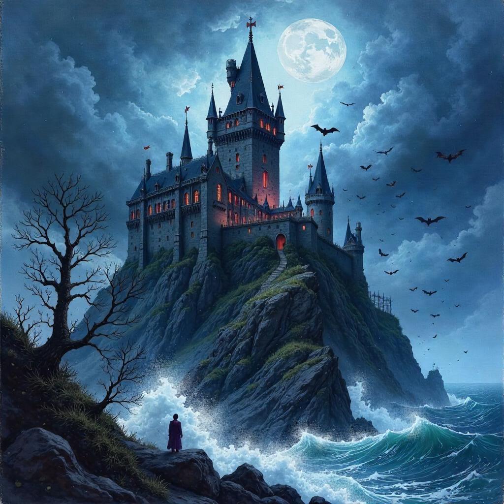 Watercolor Hurricane Over a Vampire Castle