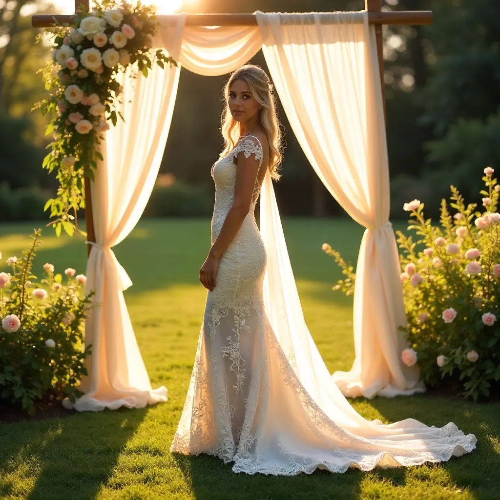 Bride in Lace Gown: Outdoor Dream with Flowing Curtains