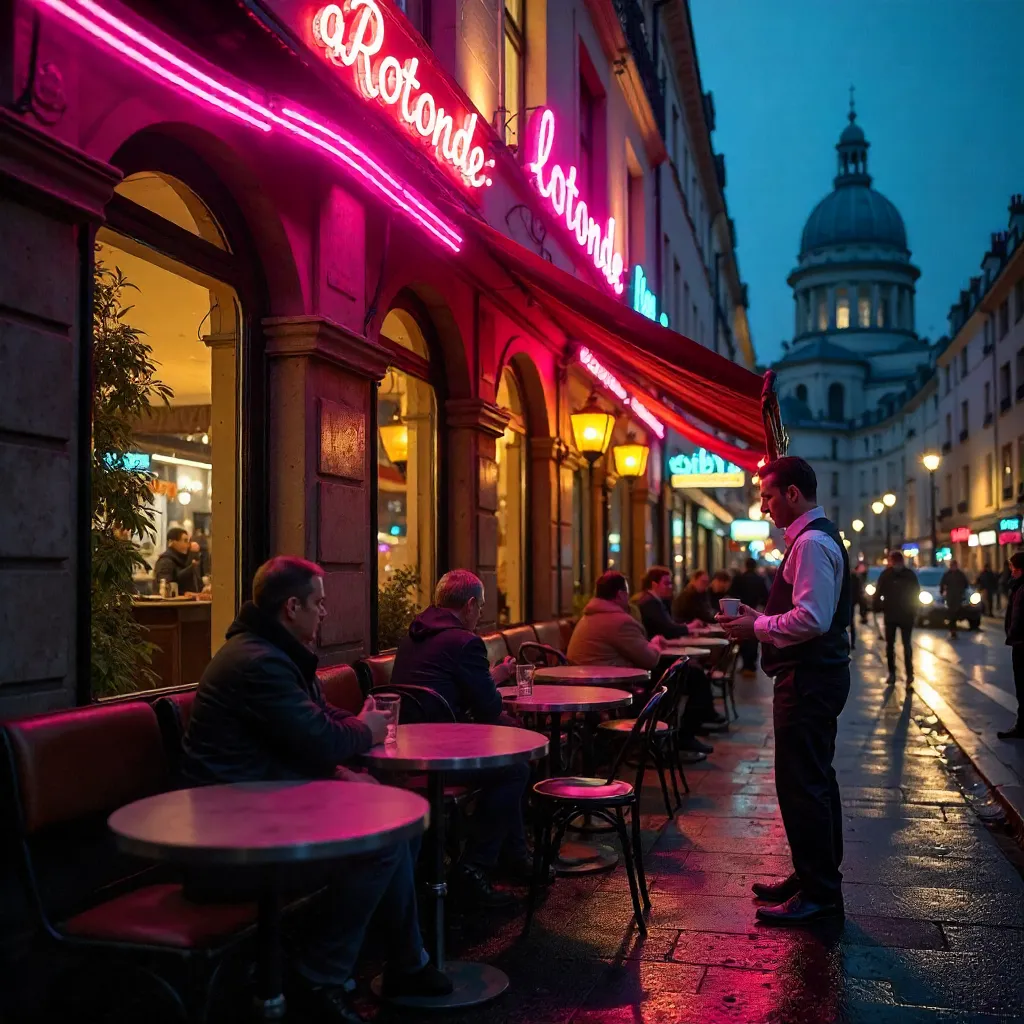 Neon Night at La Rotonde: Paris Bistro Under Neon Lights