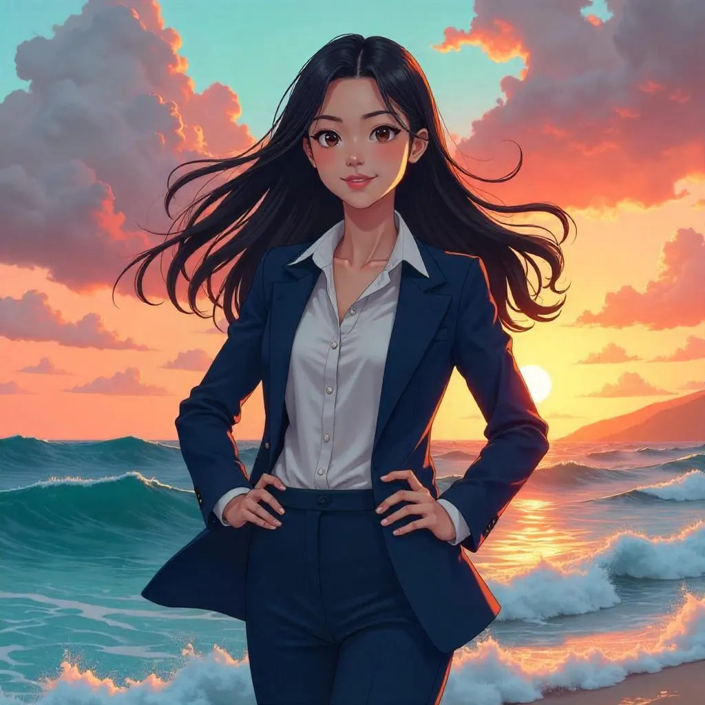 Confident Asian Woman by the Ocean — Anime Portrait