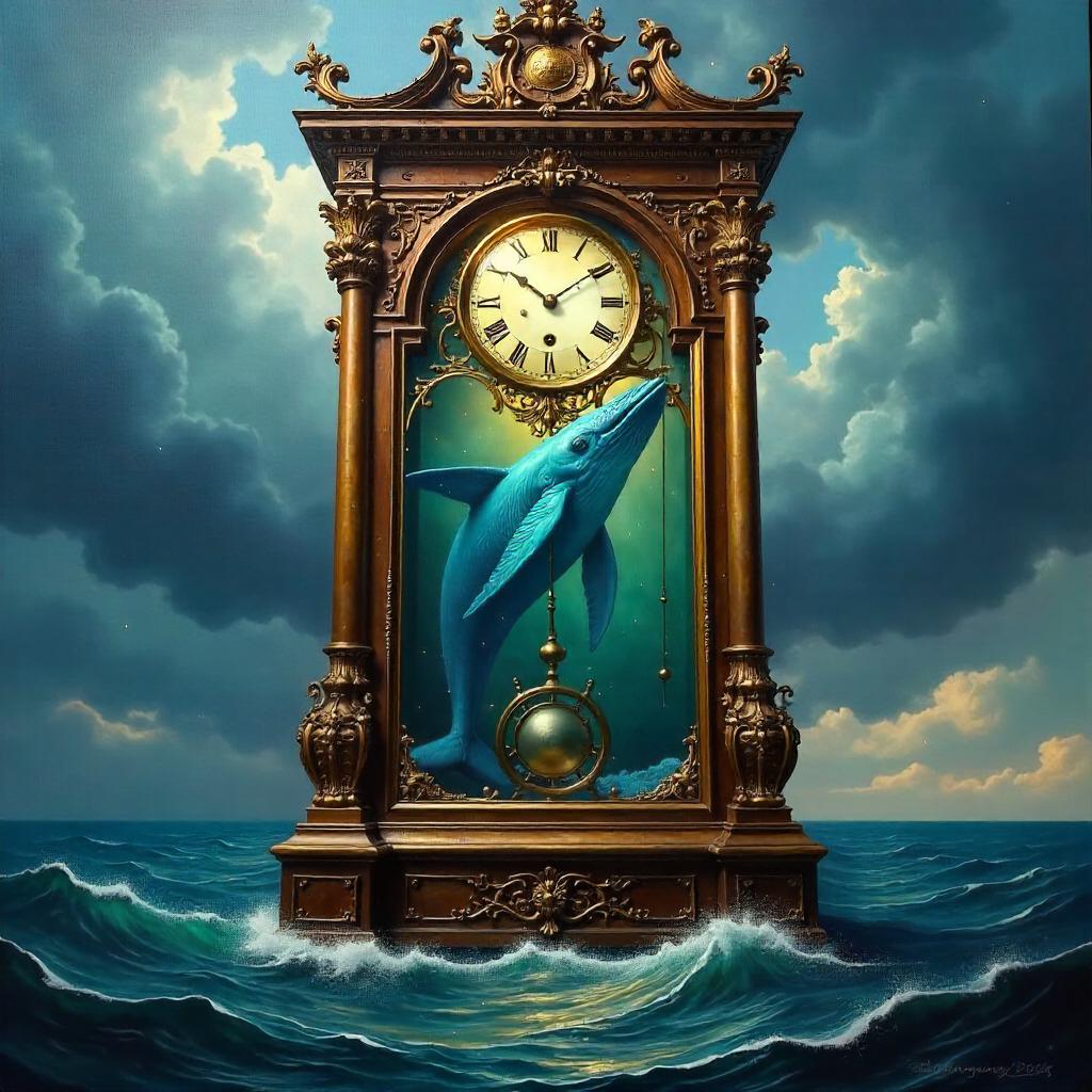 Whale Inside a Grand Clock: An Oil Painting