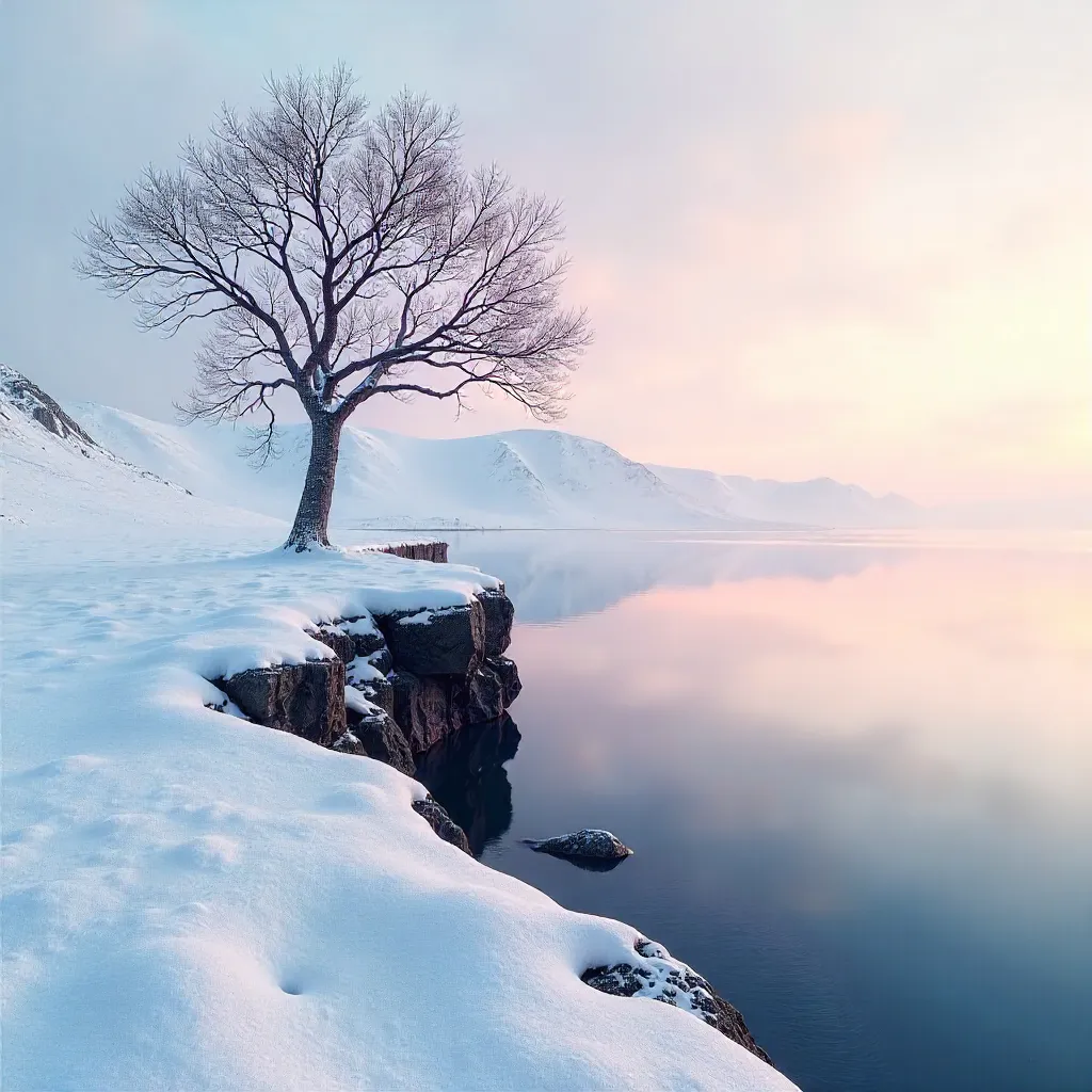 Bare Tree on Snowy Cliff by the Water