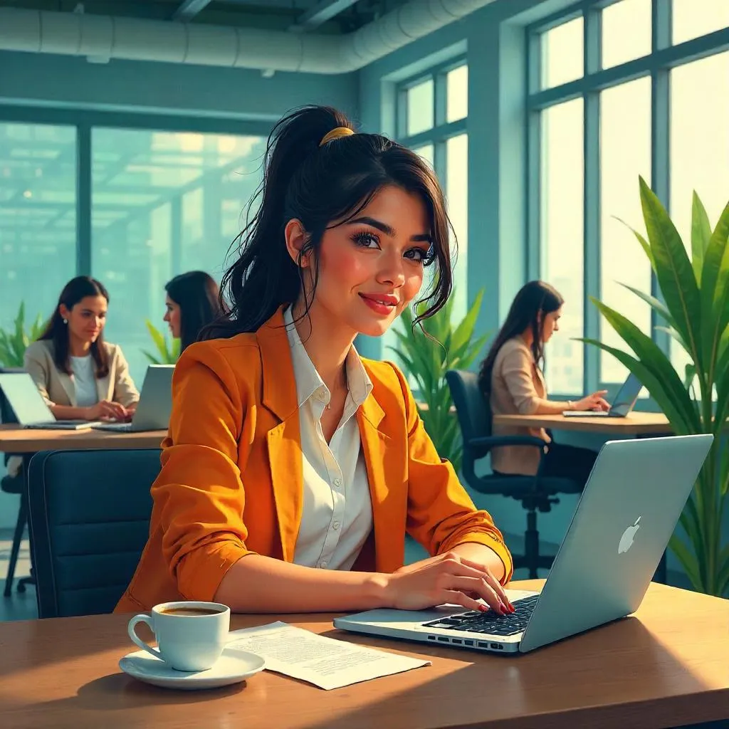Young Indian woman in a bright coworking space (digital art)