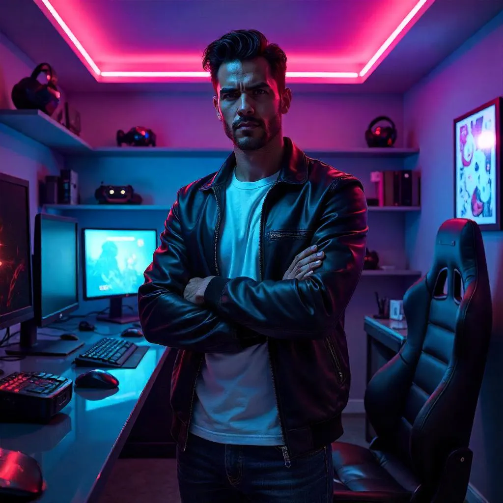 Confident Latino in a Neon-lit Man Cave