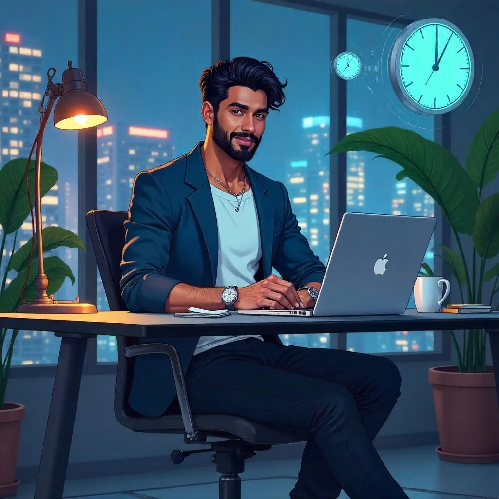Anime-Style Latino Man in a Modern Workspace
