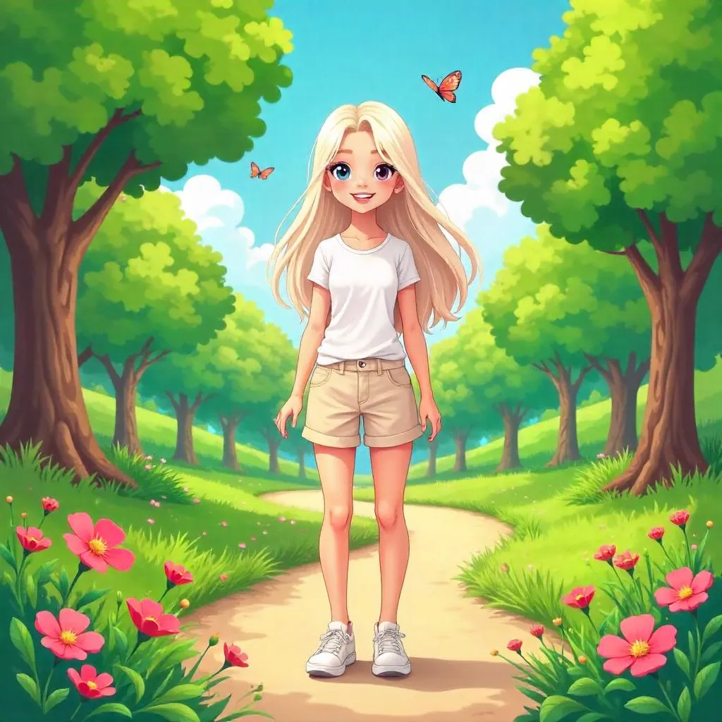 Cartoon Park Scene: Beautiful White Woman