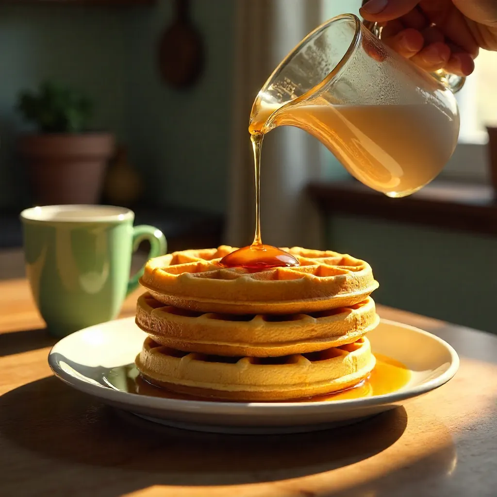 Cozy Indoor Waffle Stack with Pouring Syrup