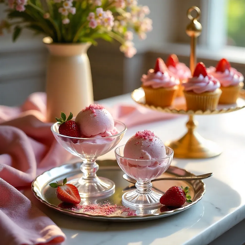 Stylish Artisan Dessert Display: Strawberry Ice Cream & Cupcakes