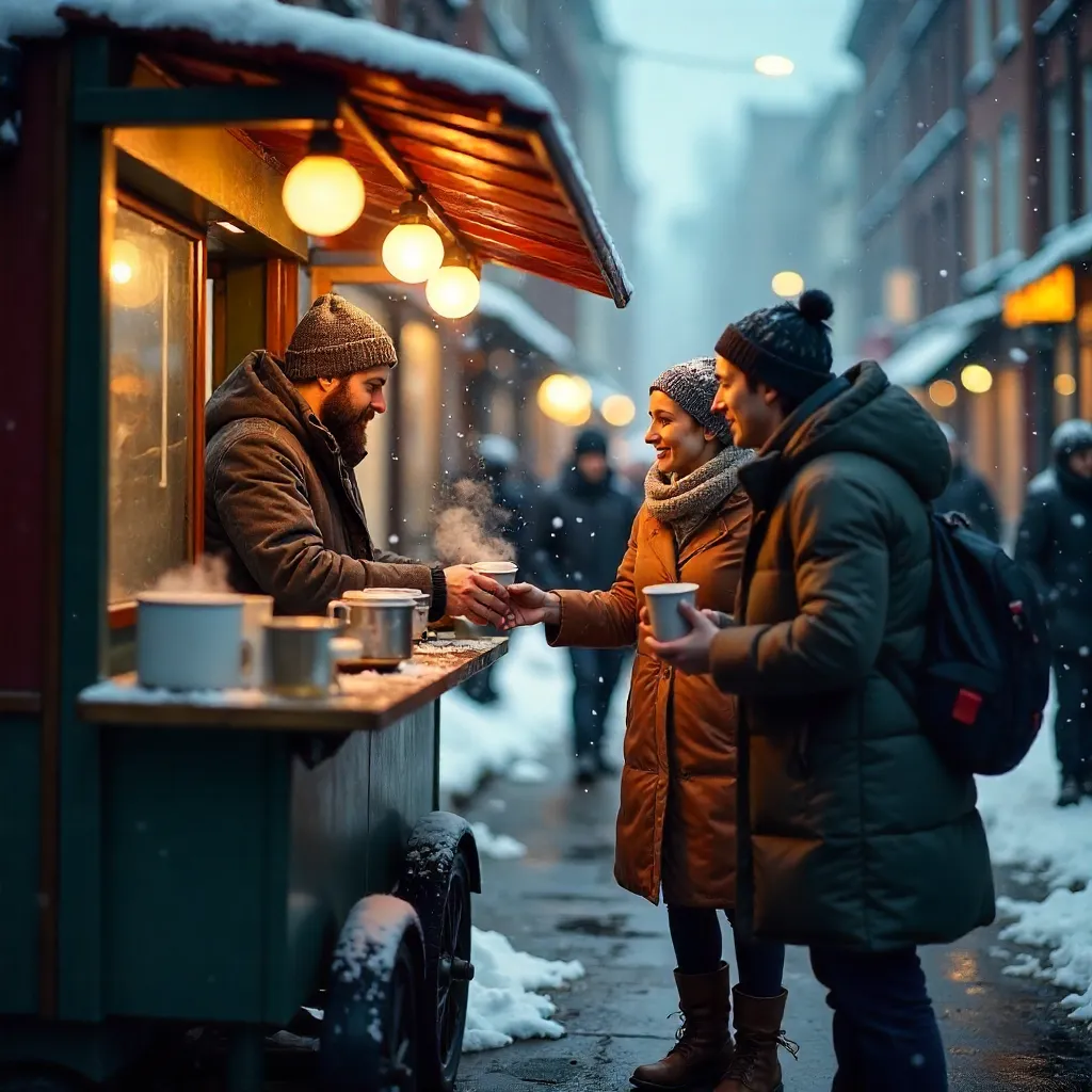 Snowy Street Coffee Purchase from a Warm Vendor