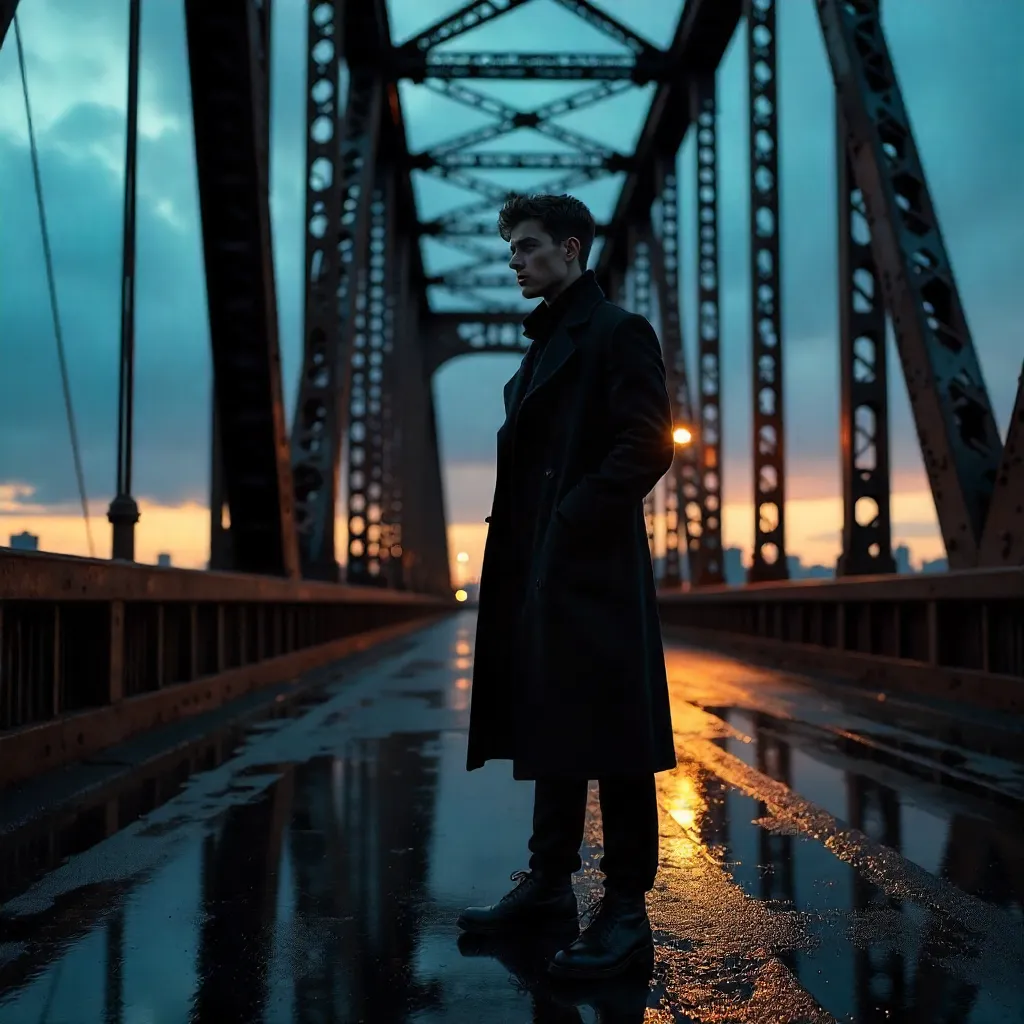 Young Man in a Black Coat on a Dusk Iron Bridge