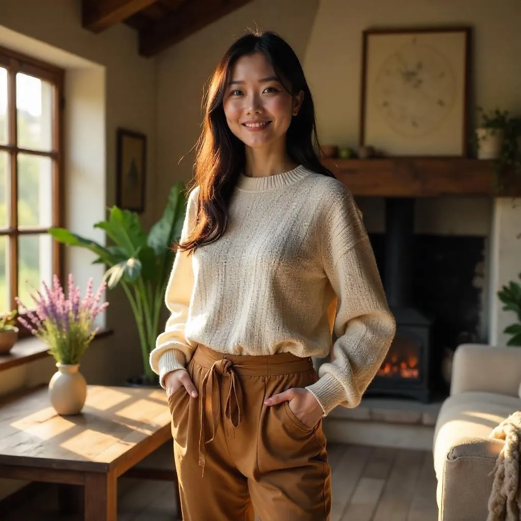 Confident Asian Woman in a Sunlit Cottage