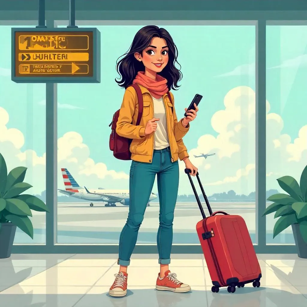 Cartoon Indian Woman in an Airport Terminal