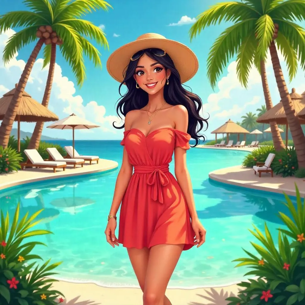 Latina Anime Woman at a Tropical Resort