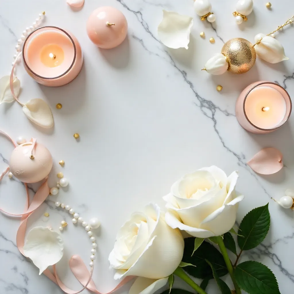 Marble Aesthetic Flat Lay: White Roses & Candles