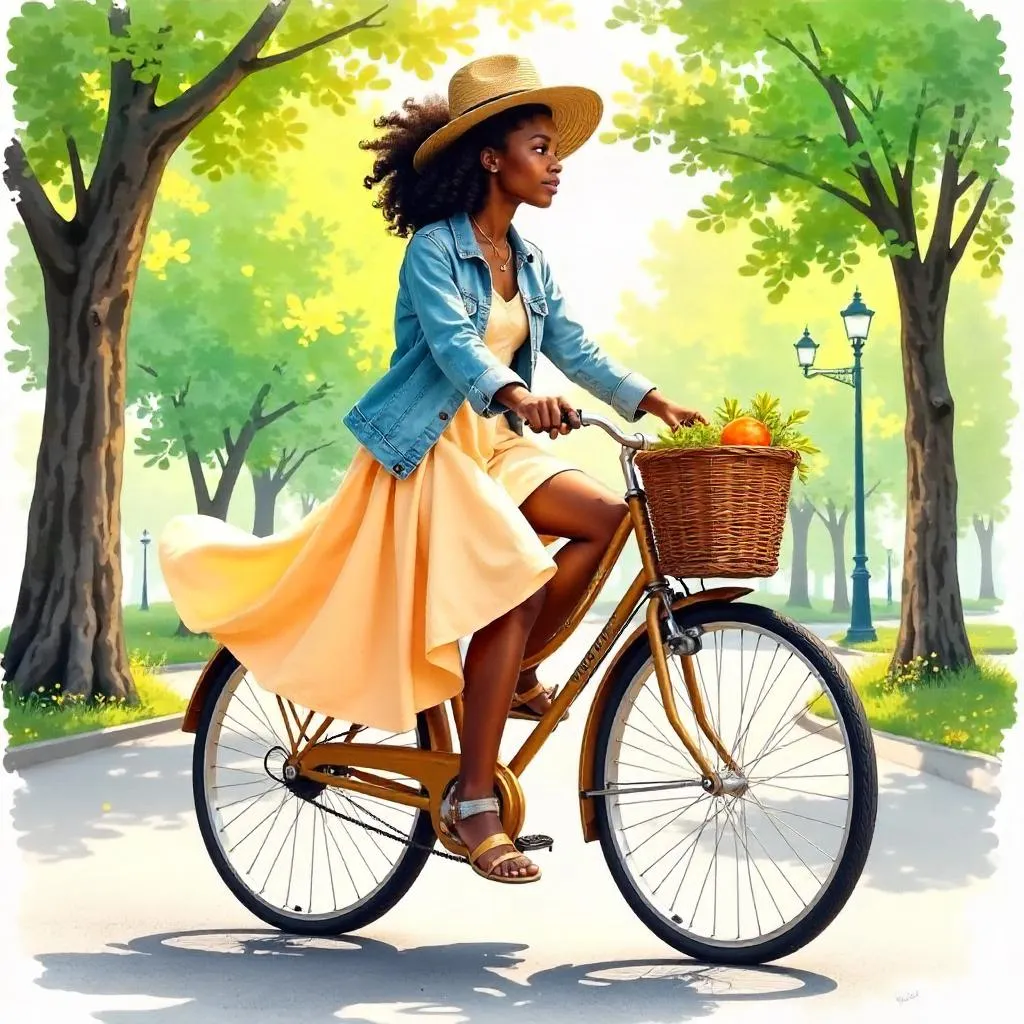 Stylish Black Girl on a Watercolor Bicycle
