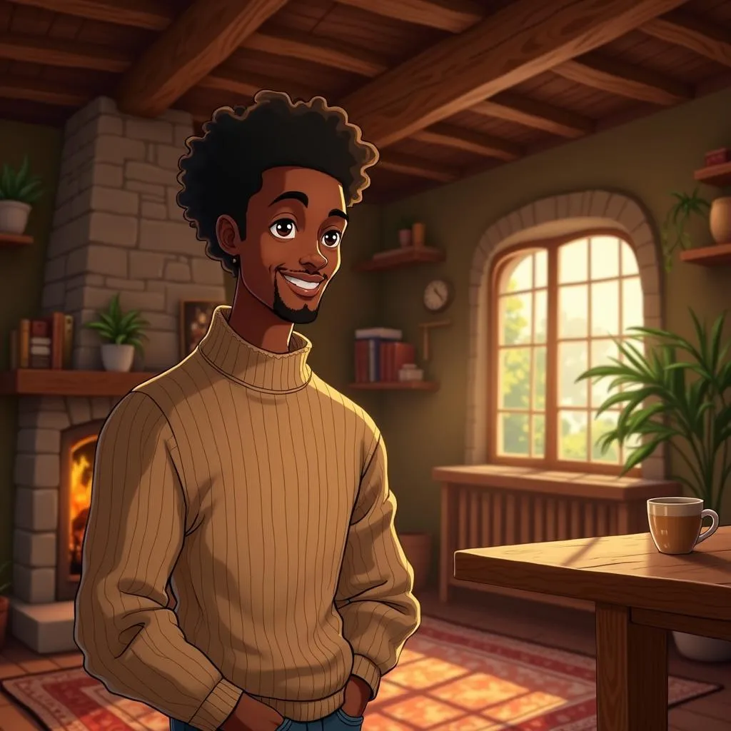 Handsome Black Man in a Cozy Cottage - Anime Style