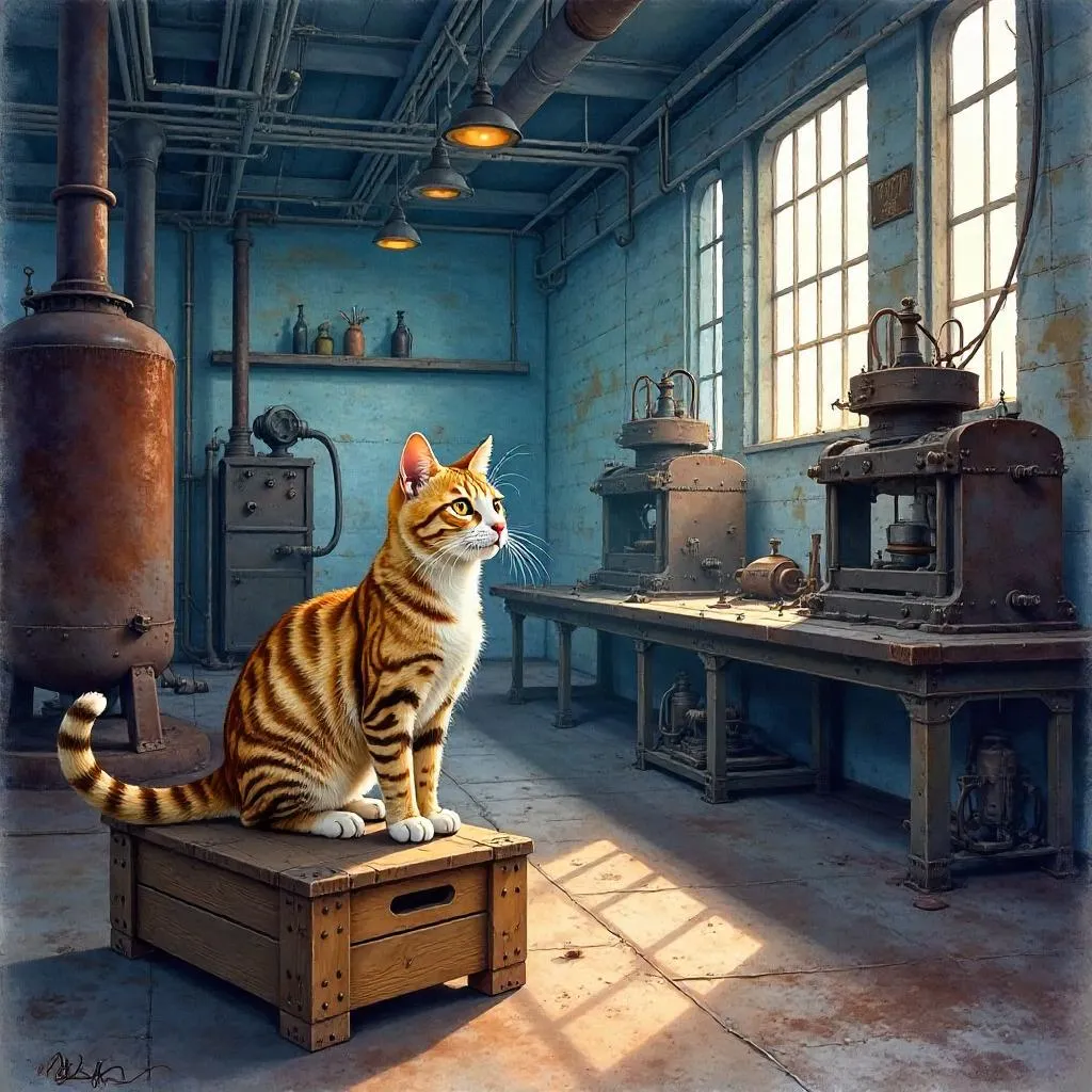 Whimsical Cat in a Watercolor Factory