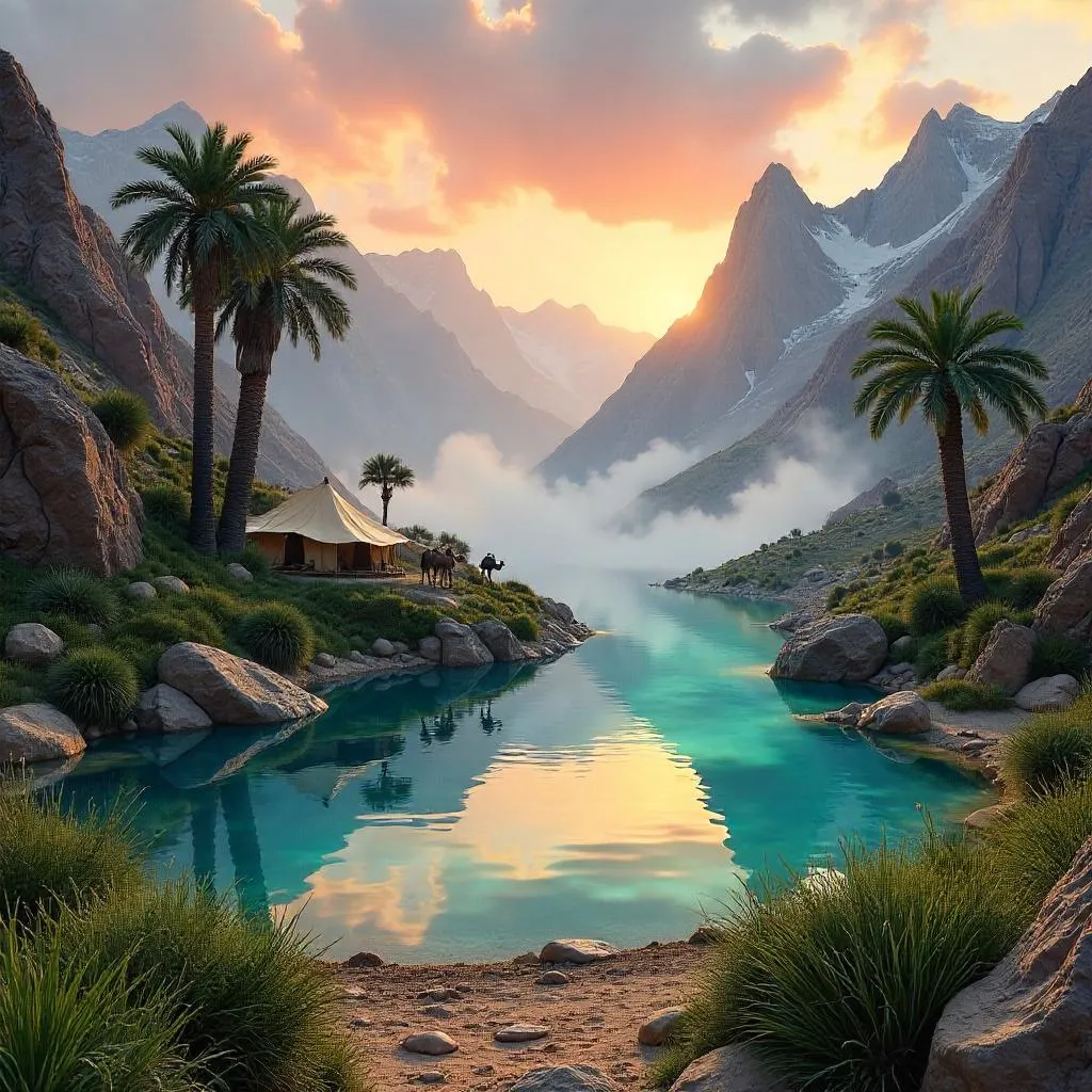 Oasis in the Highland Peaks, a Photorealistic Vista