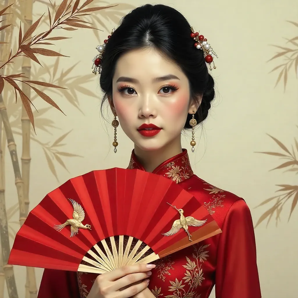 Elegant Asian Fashion Portrait with Red Fan