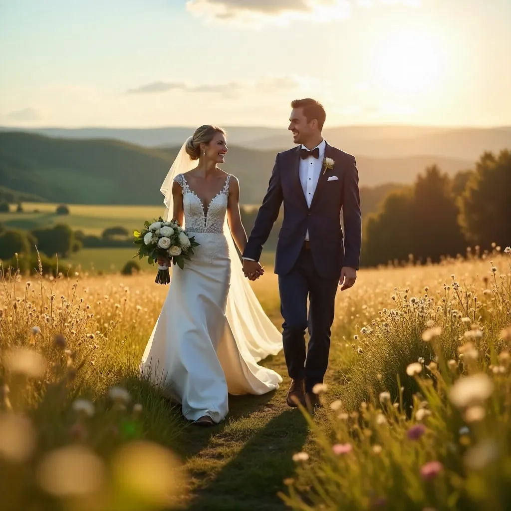 Sunny Wedding Walk in a Golden Meadow