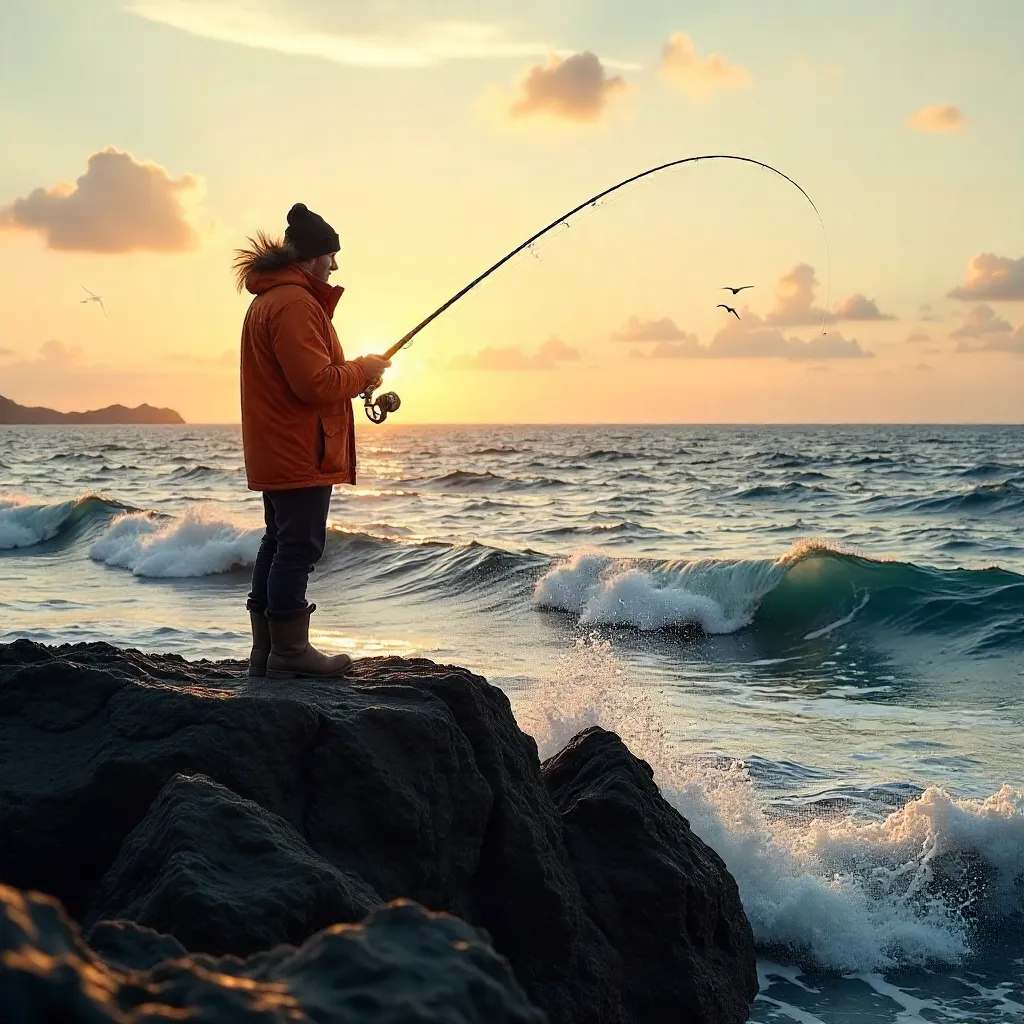Solitary Angler on Florianópolis Rocky Coast, Golden Hour
