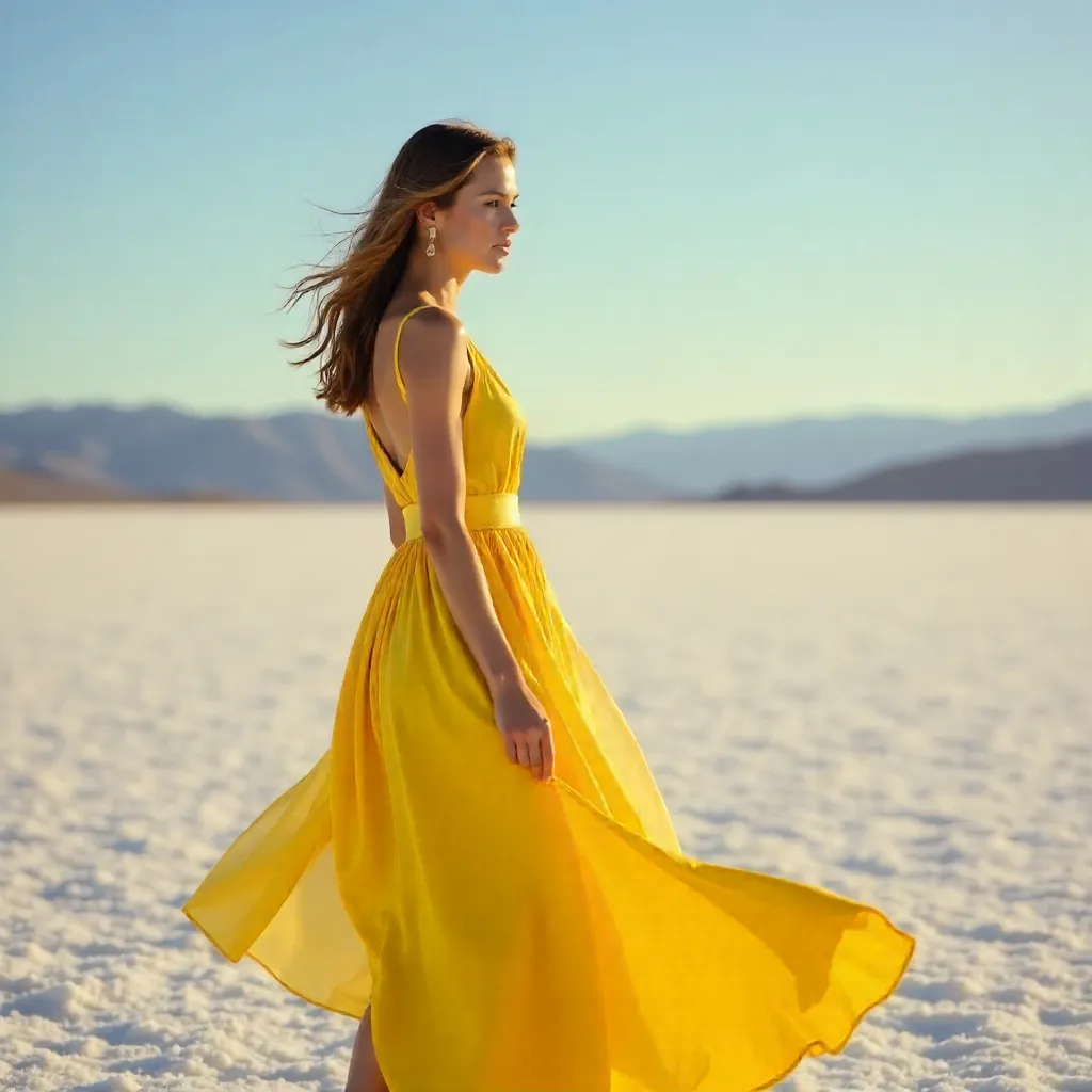 Elegant Portrait of a Woman in a Yellow Dress at the Salt Flats