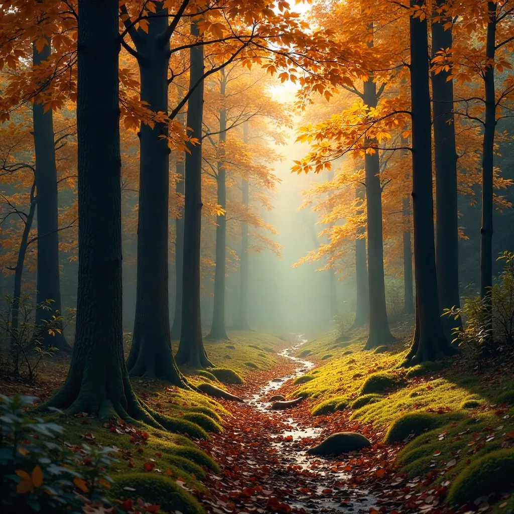 Autumn Tranquility in a Tall Forest