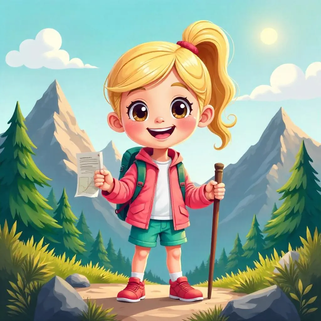 Cheerful Cartoon Girl Hiking in Mountain Sunshine