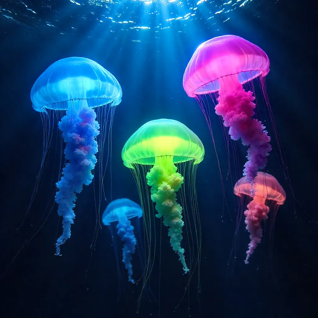 Graceful Colorful Jellyfish in the Deep Ocean