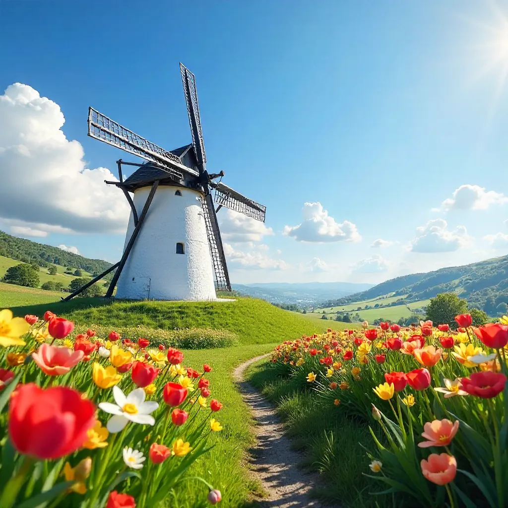 White Windmill Amid Spring Blooms